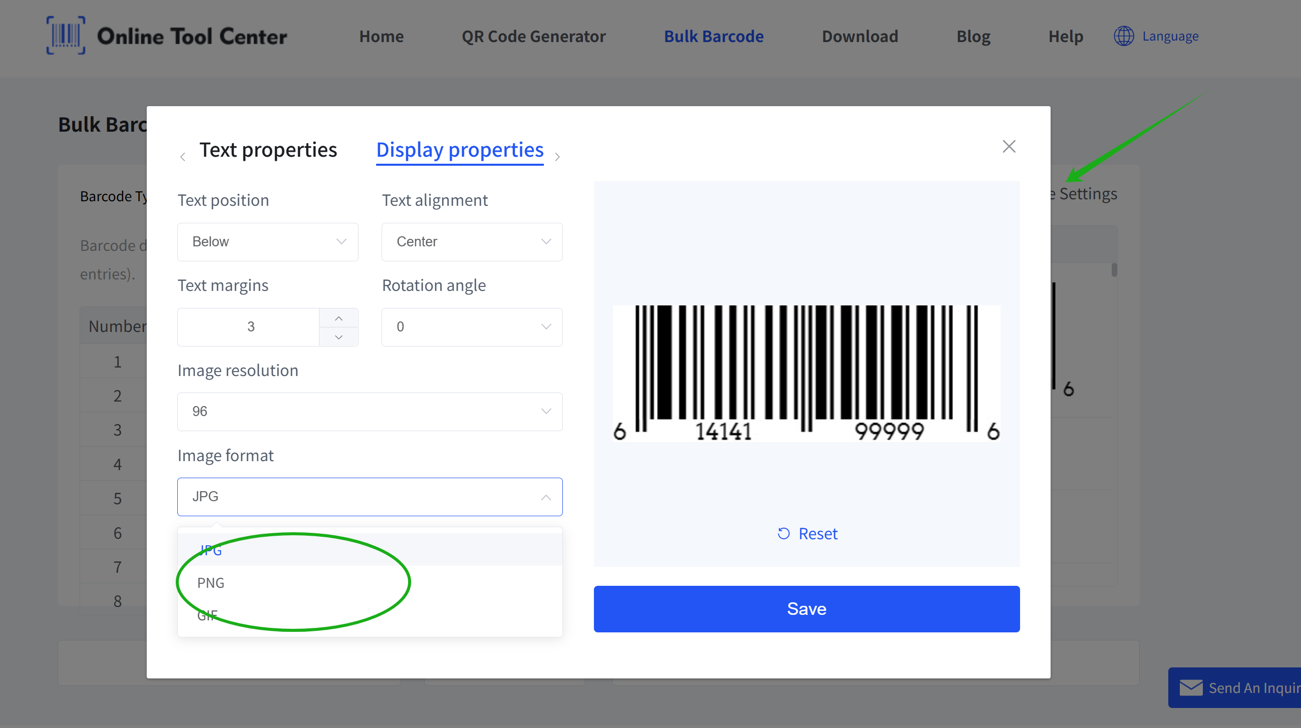 choose barcode image format вибрати формат зображення штрих-коду