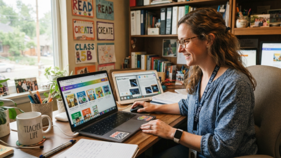 teacher using book creator tool Вчитель використовує інструмент для створення книг